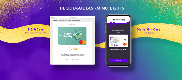 Display of E-Gift Card and digital gift card with festive and celebratory designs, showcasing versatile gifting options for any occasion.