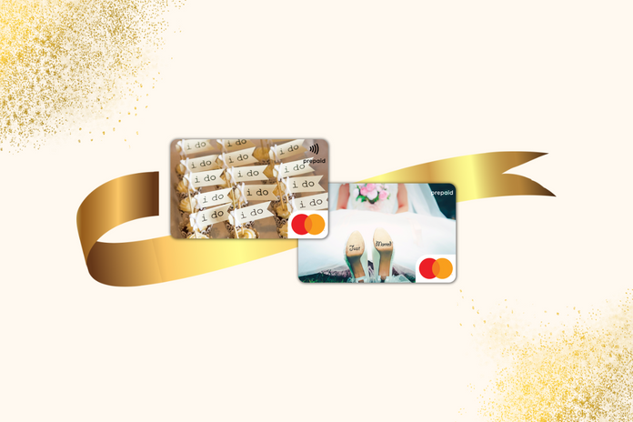 Prepaid gift cards arranged for a wedding-themed display, highlighting their flexibility as perfect gifts for newlyweds to choose items that suit their lifestyle and future plans.