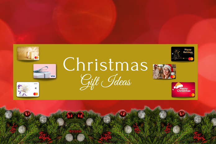Christmas-themed prepaid gift card with festive decorations, showcasing a versatile gifting option for the holiday season.