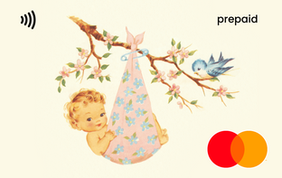 Vintage-style illustration of a baby Mastercard gift card shop at Gift Card Store