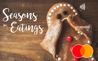 Gingerbread man cookie with 'Seasons Eatings' Mastercard gift card shop at Gift Card Store