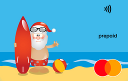 Cartoon Santa Claus on a beach holding a surfboard Mastercard gift card shop at Gift Card Store