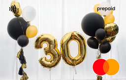 Gold '30' balloons with black and yellow balloons Mastercard gift card shop at Gift Card Store