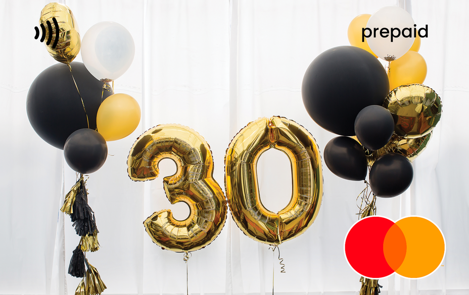 Gold '30' balloons with black and yellow balloons Mastercard gift card shop at Gift Card Store