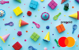 Colorful party supplies on a blue background with 'prepaid' and Mastercard logos.