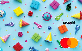 Colorful party supplies on a blue background with 'prepaid' and Mastercard logos.