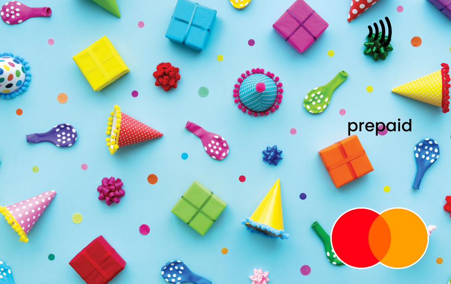 Colorful party supplies on a blue background with 'prepaid' and Mastercard logos.