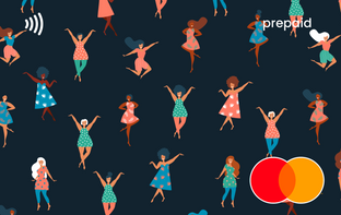 Pattern of animated women dancing on a dark blue background with Prepaid and Mastercard logos.