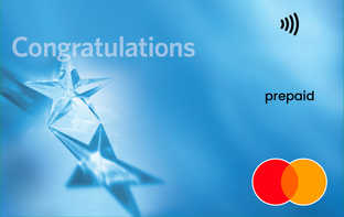Blue background with a star-shaped object, 'Congratulations prepaid Mastercard Gift Card