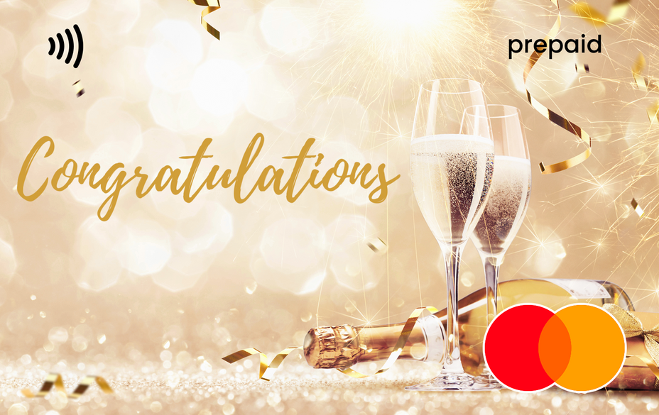 Two champagne glasses with a bottle, confetti, and 'Congratulations' Mastercard gift card shop at Gift Card Store