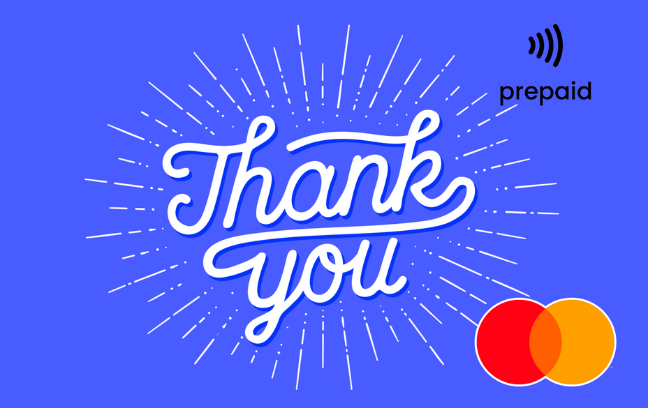 Blue background with 'Thank you' Mastercard gift card shop at Gift Card Store