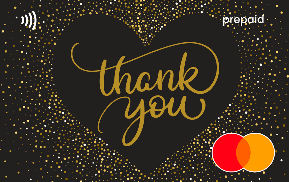 Black card with gold 'thank you' Mastercard gift card shop at Gift Card Store