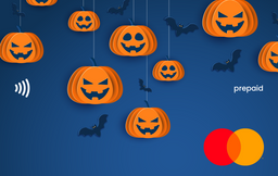 Halloween-themed Gift Card from Gift Card Store with pumpkins and bats on a blue background, featuring Mastercard logo.