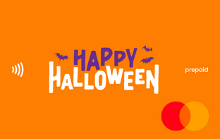 Happy Halloween text on an orange background with a prepaid card design.