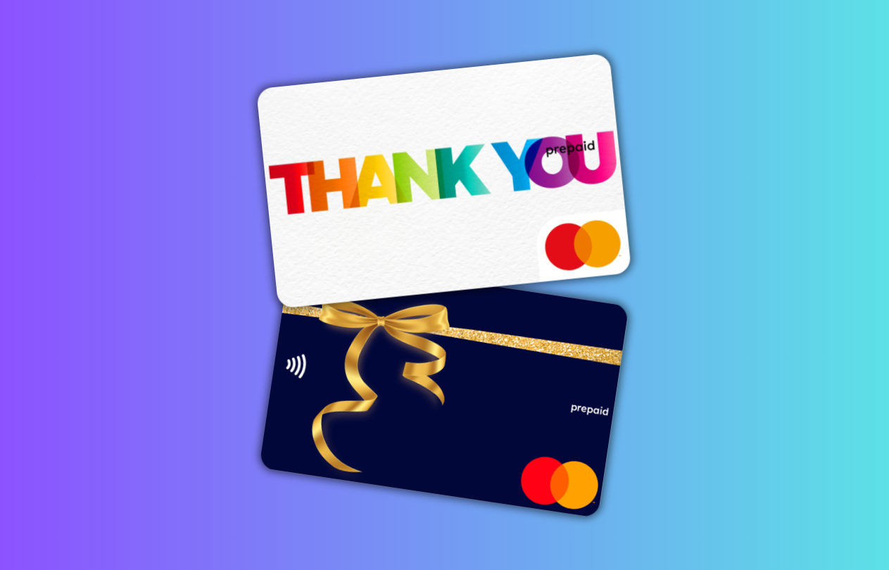 Gift card with 'THANK YOU' message and Mastercard logo on a gradient background