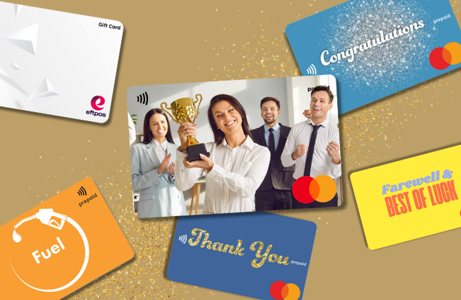 Collection of gift cards with various designs and text on a gold background