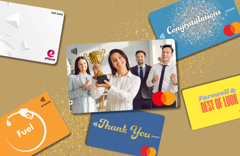 Collection of gift cards with various designs and text on a gold background