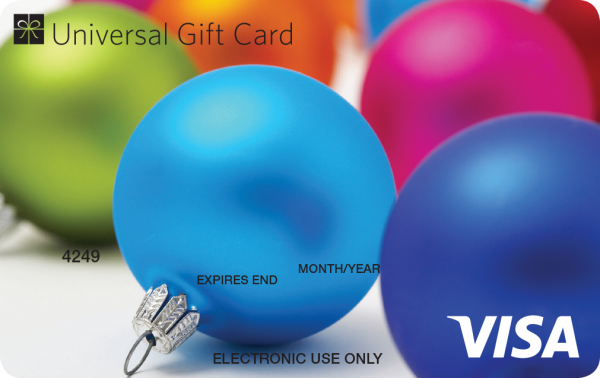 Visa gift card with colorful Christmas ornaments in the background