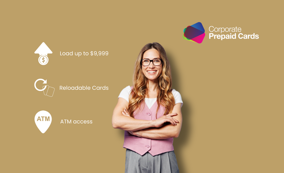 Woman standing with arms crossed on a beige background with text about corporate prepaid cards.