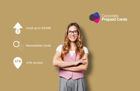 Woman standing with arms crossed against a beige background with text about Corporate Prepaid Cards.