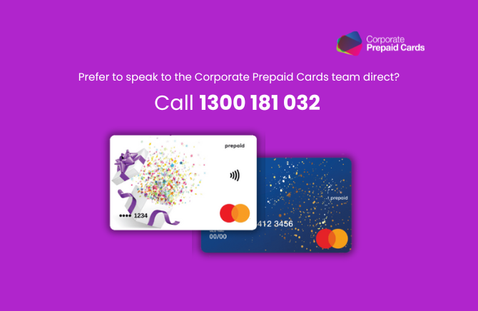 Two corporate prepaid cards displayed on a purple background with contact information for the Corporate Prepaid Cards team.