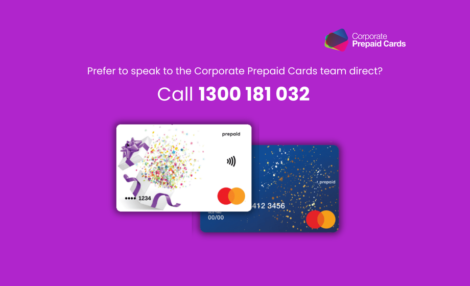 Two prepaid cards displayed on a purple background with contact information for Corporate Prepaid Cards.