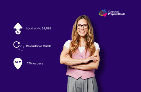 Woman standing with arms crossed against a purple background with text about corporate prepaid cards.