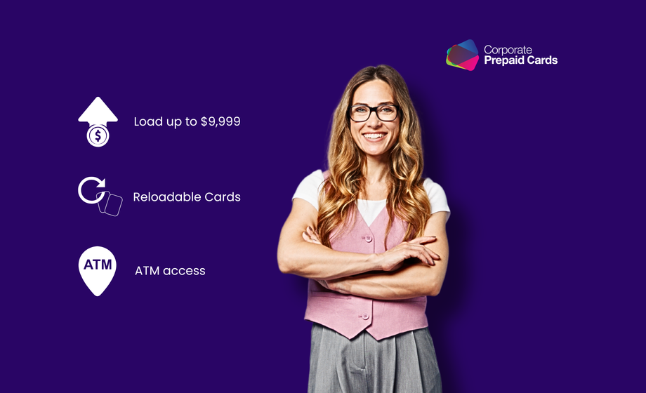 Woman with crossed arms on a purple background with text about corporate prepaid cards.