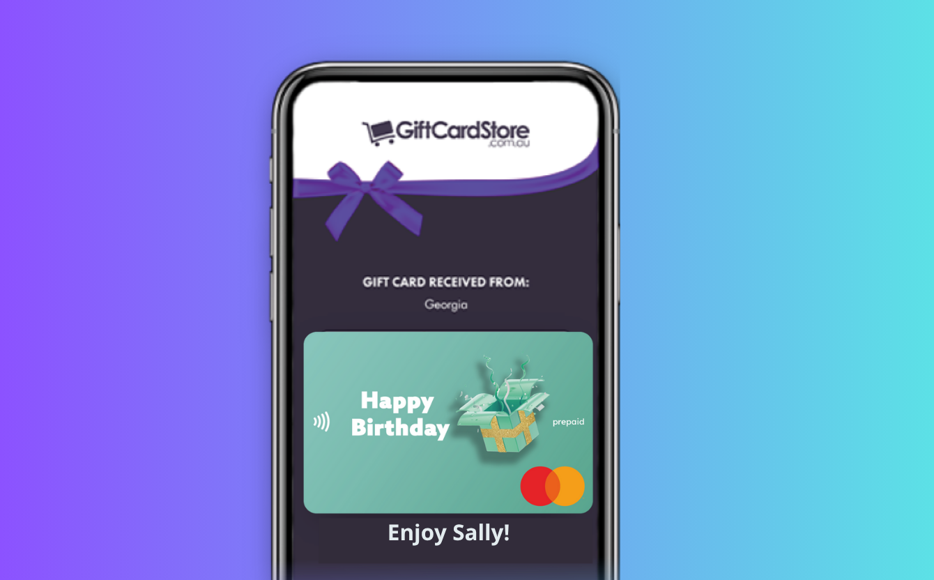 Phone screen displaying a gift card from GiftCardStore on a gradient background