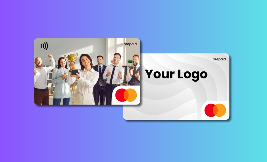 Prepaid card design with a team photo and 'Your Logo' placeholder on a gradient background