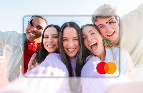 Personalized Prepaid Mastercard with a photo of five smiling people on it.