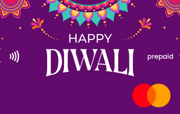 Happy Diwali prepaid card design with colorful patterns and Mastercard logo on a purple background