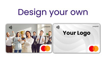 Promotional graphic for designing a prepaid card with customizable features and branding options.