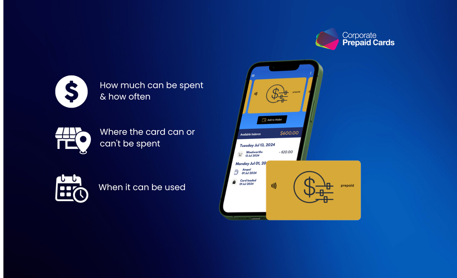 Smartphone displaying a corporate prepaid card app with card on a blue background