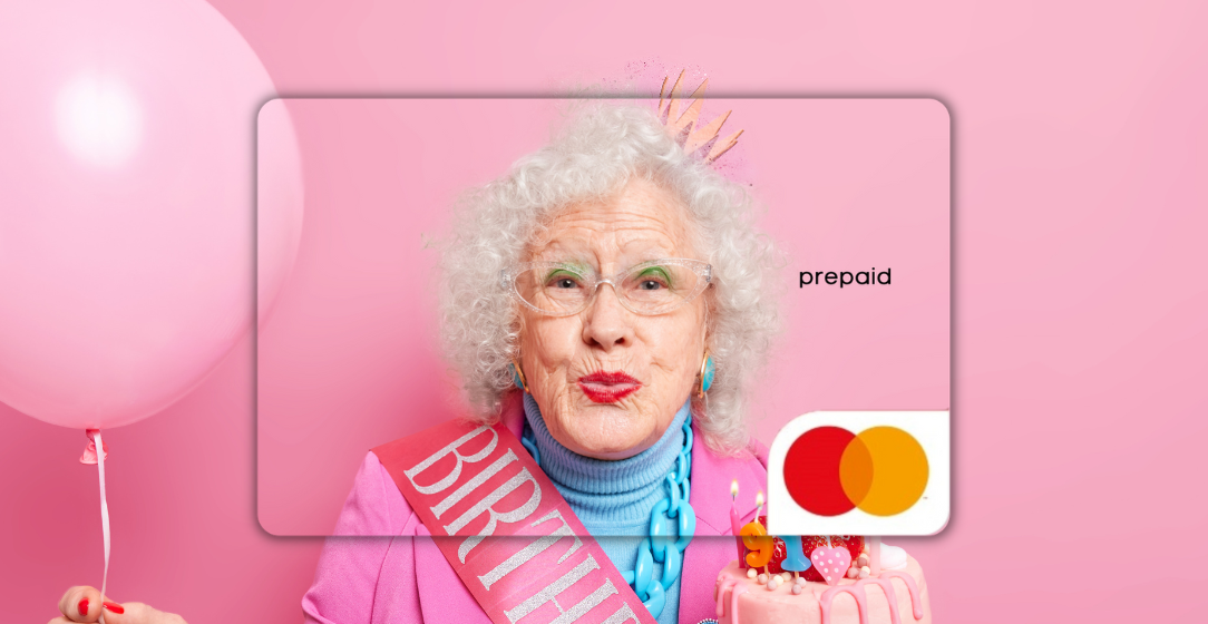 Woman with birthday sash and balloons  on a Mastercard Personalised Gift Card 