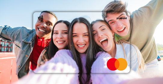 Group of five friends taking a selfie featured on a Mastercard Personalised Gift Card 