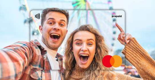 Two people taking a selfie featured on a Mastercard Personalised Gift Card 