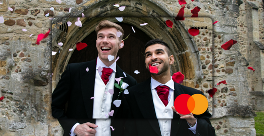 Gay couple at wedding featured on a Mastercard Personalised Gift Card 
