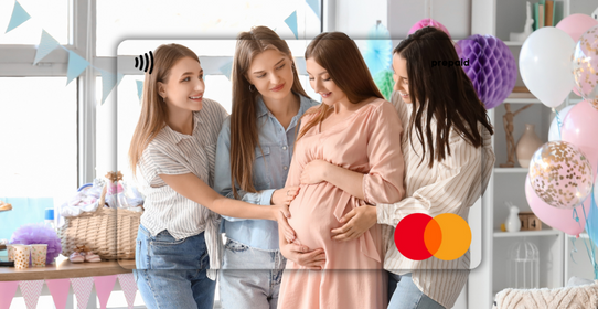 Pregnant woman with friends featured on a Mastercard Personalised Gift Card 