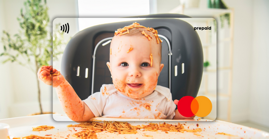 Baby with spaghetti on face featured on a Mastercard Personalised Gift Card 