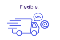 Icon of a delivery truck with speech bubbles indicating SMS and email on a white background.