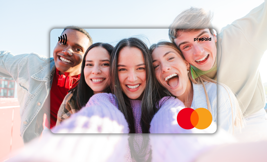 Prepaid card with a group of people's faces and Mastercard logo on a light blue background