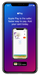 Smartphone displaying Apple Pay interface with card information on a gradient purple and blue background.