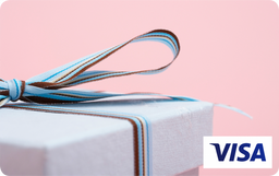 Gift box with blue ribbon and Visa logo on a pink background