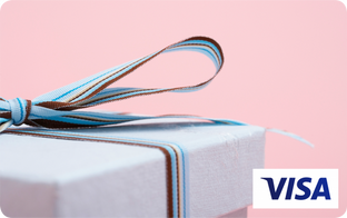Gift box with blue ribbon and Visa logo on a pink background
