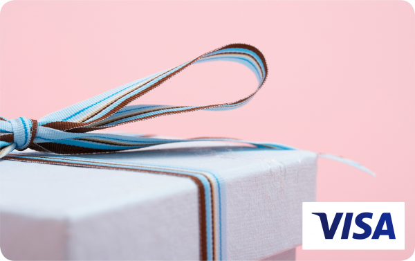 Gift box with blue ribbon and Visa logo on a pink background