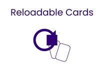Reloadable Cards logo with a purple circle and arrow pointing to two cards on a white background.