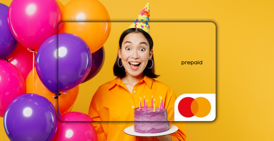Person with balloons and a cake featured on a Mastercard Personalised Gift Card 