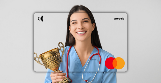 Woman in blue scrubs holding a gold trophy featured on a Mastercard Personalised Gift Card 