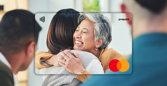 Prepaid card with a design of two people hugging featured on a Mastercard Personalised Gift Card 